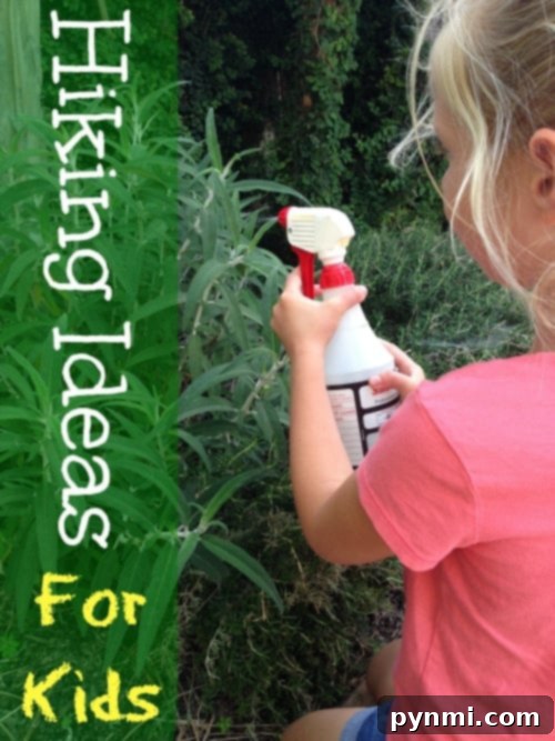 Child spraying plants with a bottle, with text 'Hiking Ideas for Kids.' Emphasizing incorporating nature crafts to inspire young adventurers.