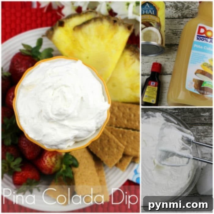 Easy Fruit Dip A bowl of creamy pina colada dip is surrounded by fresh pineapple, strawberries, and graham crackers. Ingredients featured include crushed pineapple, pina colada mix, and a hint of coconut extract.