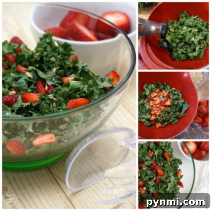 A colorful and healthy strawberry kale salad, ready to be served Close-up of a fresh strawberry kale salad with sunflower seeds