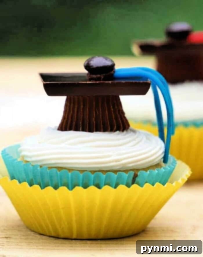 Sweet Success Graduation Cupcakes 2 Delicious graduation cupcakes decorated with cap and gown designs, perfect for a celebration.