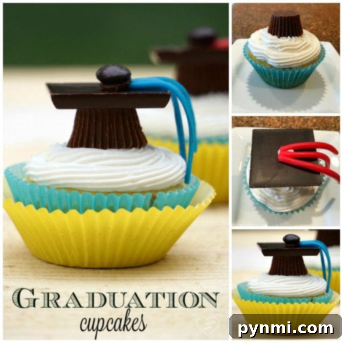 Graduation cupcakes are so cute to make and have at parties! The cutest cupcakes ever and you can personalize them with school colors too!! Close-up of a decorated graduation cupcake, showing the cap, tassel, and colorful liner.
