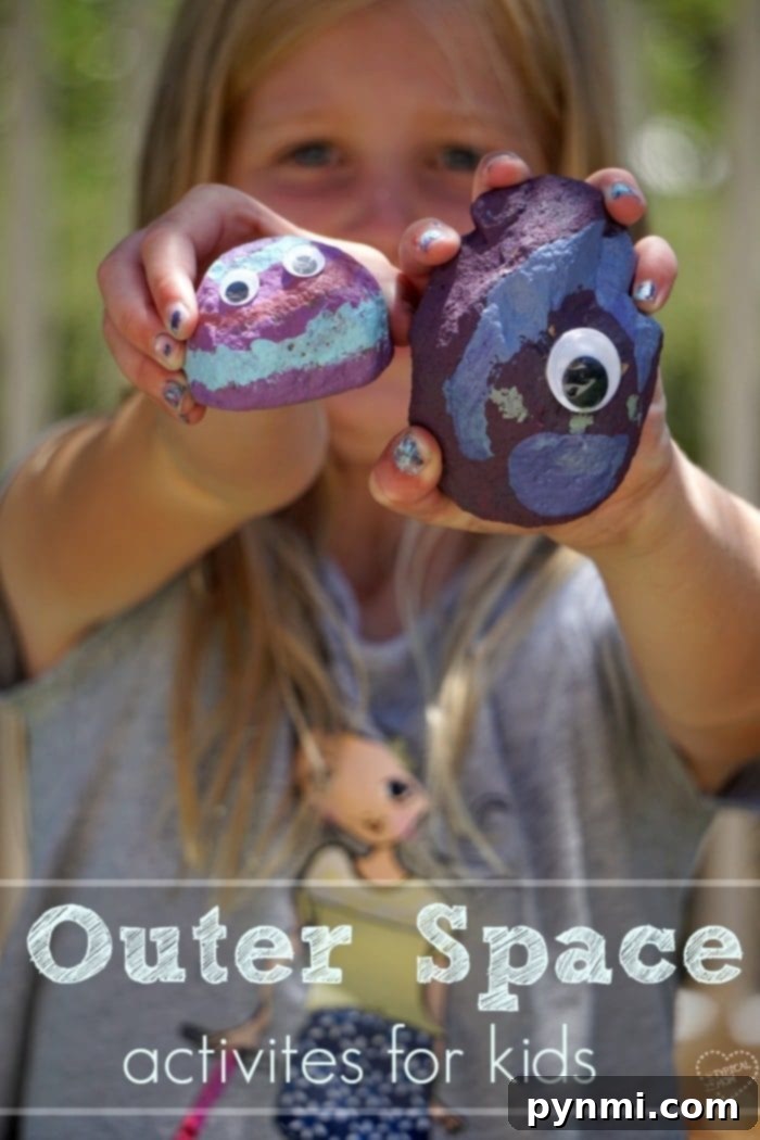 Inspire creativity with fun outer space activities for kids: turn rocks into alien friends, perfect for home or a space birthday party. Also includes a free printable space bingo game for added fun. #space #bingo #party #games #activities #outerspace #birthdayparty #crafts Children's art project featuring painted rocks with googly eyes, designed as outer space creatures.