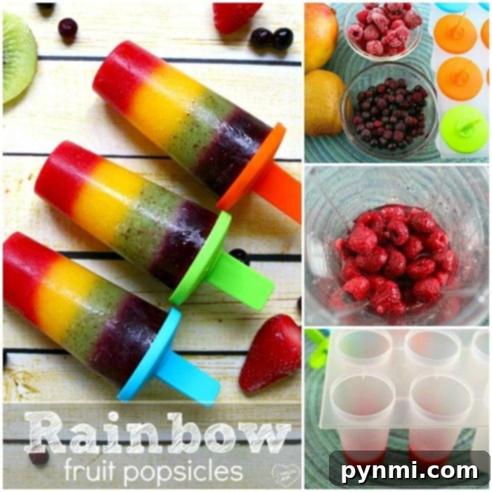 This is how you make homemade popsicles. This rainbow popsicle recipe is easy and contains only fruit making it a really healthy popsicle recipe for kids. #rainbow #popsicles #fruit #homemade Homemade rainbow popsicles, layered with various fresh fruits, offer a healthy and refreshing treat for kids and adults alike.