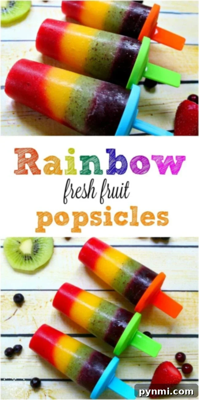 This is how you make homemade popsicles. This rainbow popsicle recipe is easy and contains only fruit making it a really healthy popsicle recipe for kids. #rainbow #popsicles #fruit #homemade A single rainbow popsicle with distinct layers of red, orange, and green stands tall on a wooden surface, surrounded by fresh fruit slices like kiwi and berries.