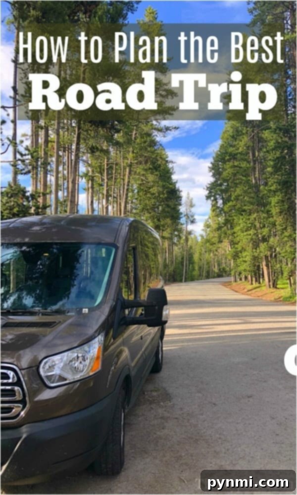 A van parked on a scenic wooded road under a sky with scattered clouds sets the stage for an adventurous journey. Text on the image reads, How to Plan the Best Road Trip, as featured in our exciting road trip blog.
