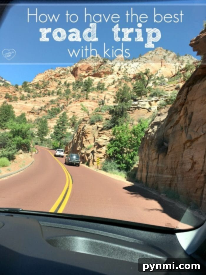Family enjoying a picturesque road trip, driving through scenic landscapes