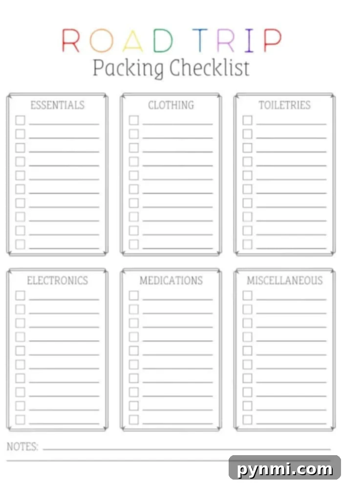 Your Printable Road Trip Checklist 2 Detailed road trip packing list with categories like essentials, clothing, toiletries, and notes section.