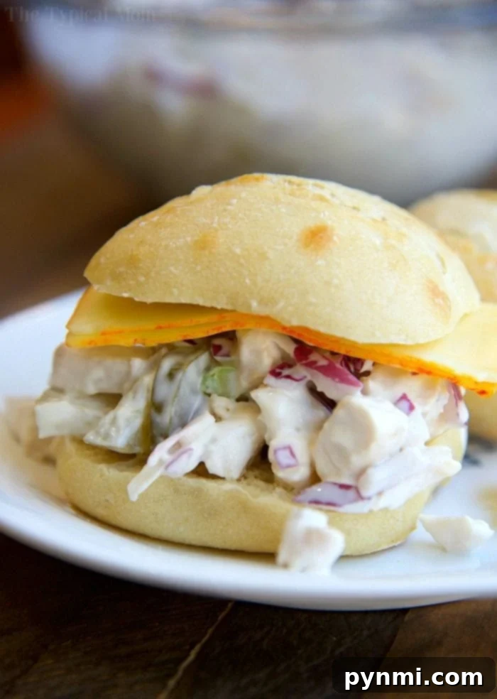Chicken salad sandwich recipe with dill pickles, served on toasted bread.