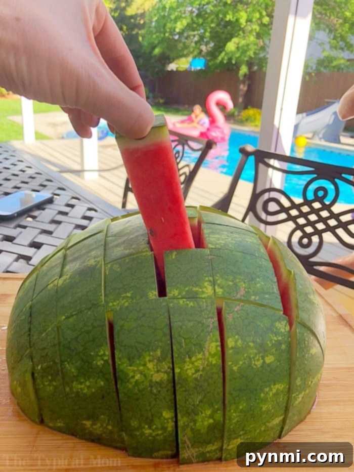 Creative watermelon cutting ideas for family-friendly serving. Various ways to enjoy freshly cut watermelon, including cubes and sticks