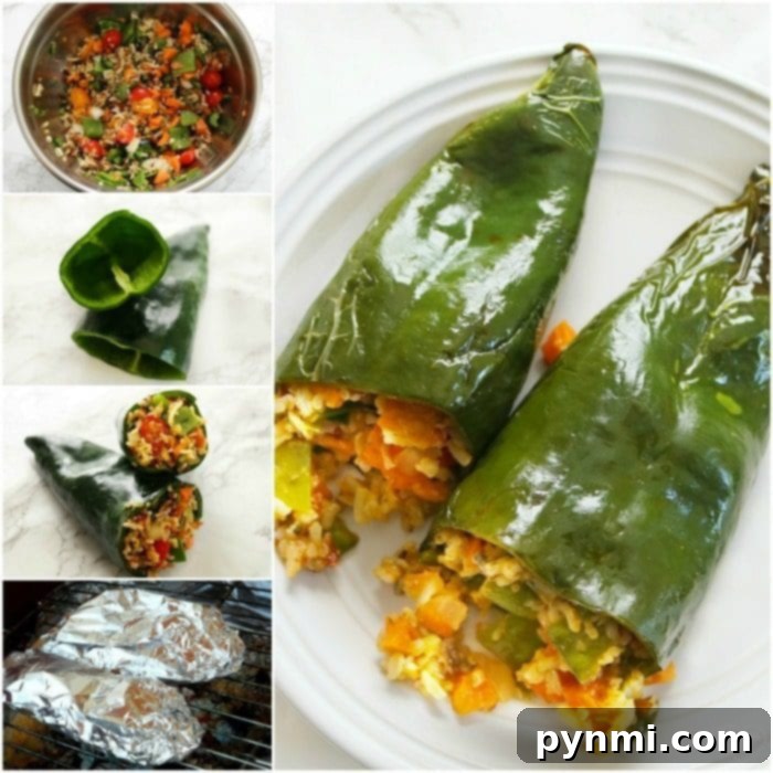 Foil packet grilled stuffed peppers on the barbecue or for a campfire if you're camping! Easy vegetarian dinner stuffed with lots of vegetables and can be made with ground beef as well for a heartier meal. No matter how you cook them, these grilled peppers are amazing. #camping #recipes #peppers #grilled #foilpacket #foil #stuffed Foil packet stuffed peppers cooking over an open fire at a campsite
