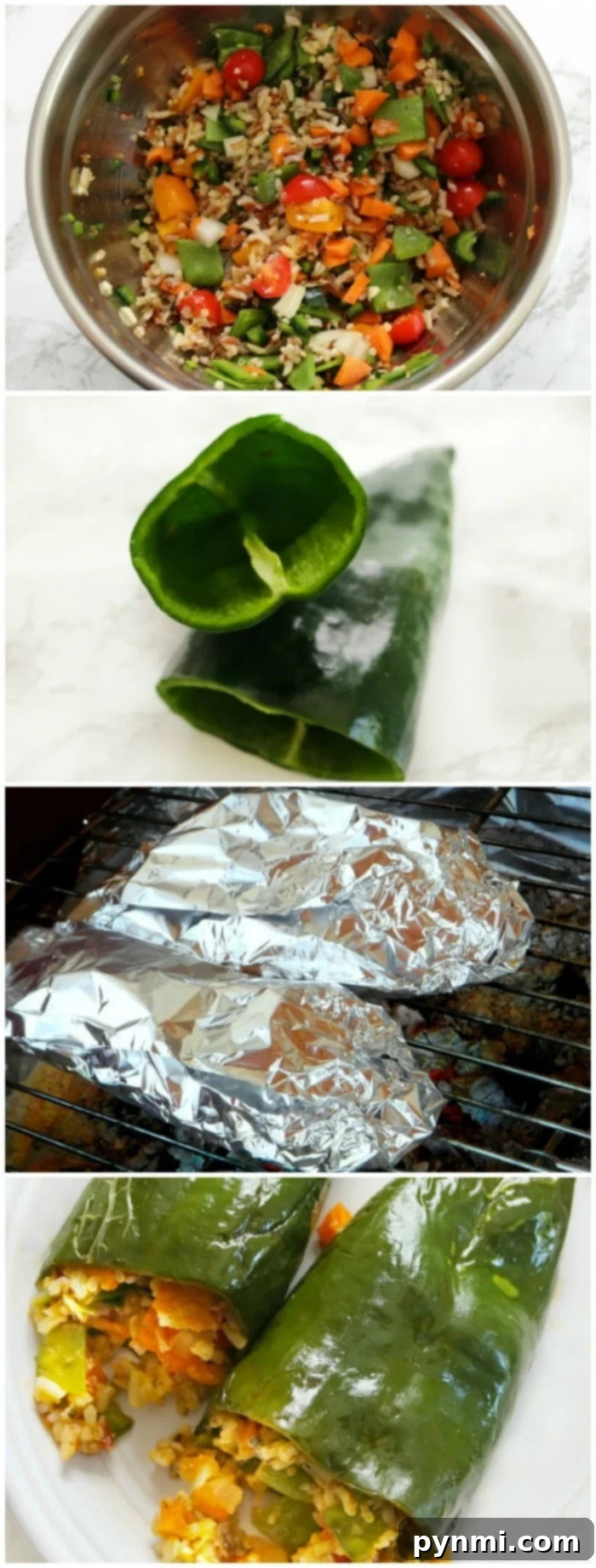 Foil packet grilled stuffed peppers on the barbecue or for a campfire if you're camping! Easy vegetarian dinner stuffed with lots of vegetables and can be made with ground beef as well for a heartier meal. No matter how you cook them, these grilled peppers are amazing. #camping #recipes #peppers #grilled #foilpacket #foil #stuffed Assortment of grilled stuffed peppers and other dishes on a table, with a campfire in the background