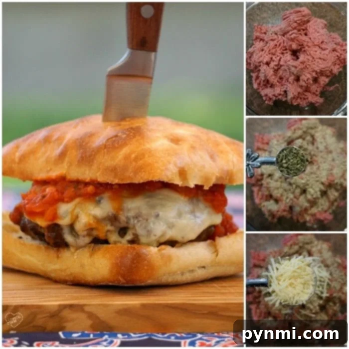 Pizzaburger Fusion 3 Burger with knife in bun; steps of making a flavorful New York pizza burger blend with herbs and cheese on the right.