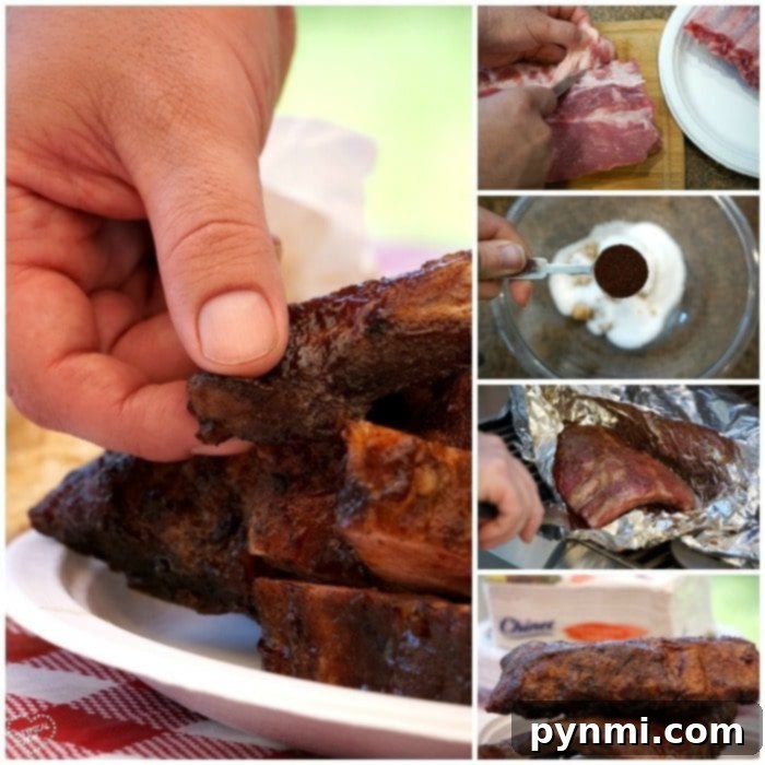 Comprehensive steps to achieve the best grilled barbecue ribs, from seasoning to wrapping and final presentation for ultimate tenderness. A visual guide showing the steps for cooking barbecue ribs: seasoning the raw ribs, wrapping them tightly in aluminum foil for slow cooking, and finally, presenting perfectly cooked, tender ribs on a plate.