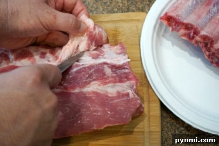 Applying the perfect dry rub to raw ribs, an essential step for delicious grilled barbecue ribs. Close-up shot of raw pork ribs being generously coated with a savory dry rub, highlighting the rich seasoning that creates flavor in grilled ribs.