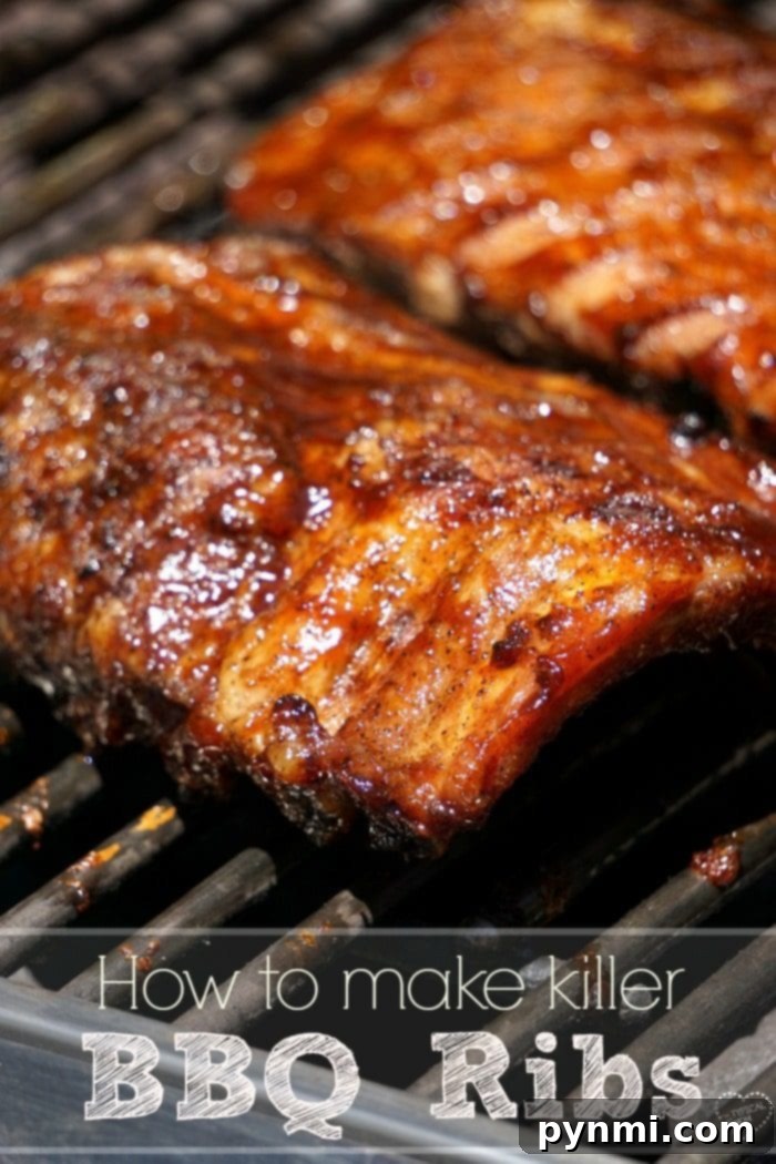 A full rack of grilled barbecue ribs, showcasing the delicious outcome of a perfected ribs recipe. An enticing full rack of barbecue ribs, perfectly grilled and glazed with sauce, ready to be served as the centerpiece of a delicious meal.