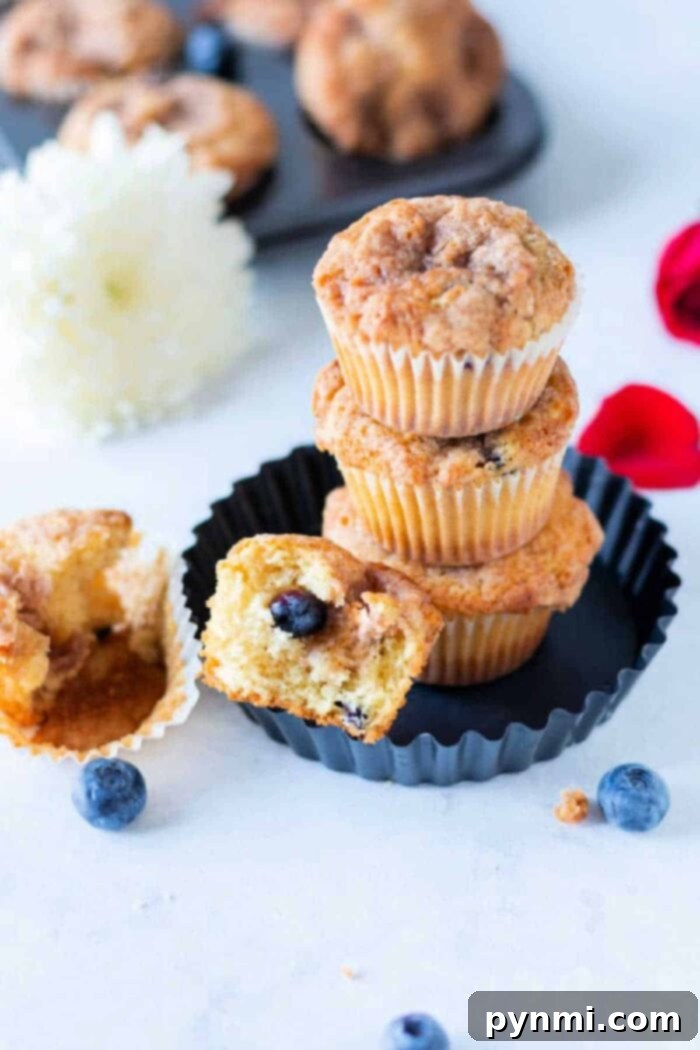 Make-Ahead Blueberry Muffins 7 Three perfectly baked frozen blueberry muffins stacked in a black baking dish, displaying their golden tops and tender texture.