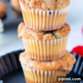 Three stacked frozen blueberry muffins rest elegantly in a black baking dish on a light background.