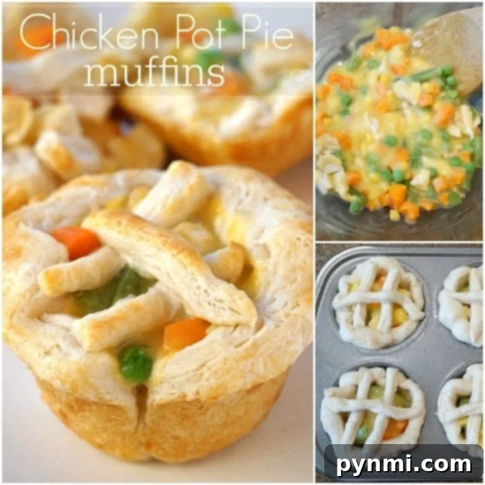 Easy Chicken pot pie muffins are so fun!! Great muffin tin dinner using leftover chicken and they're quick to make. Your kids are going to love these! Close-up of golden-brown chicken pot pie muffins cooling on a rack, showcasing the flaky crust and savory filling.