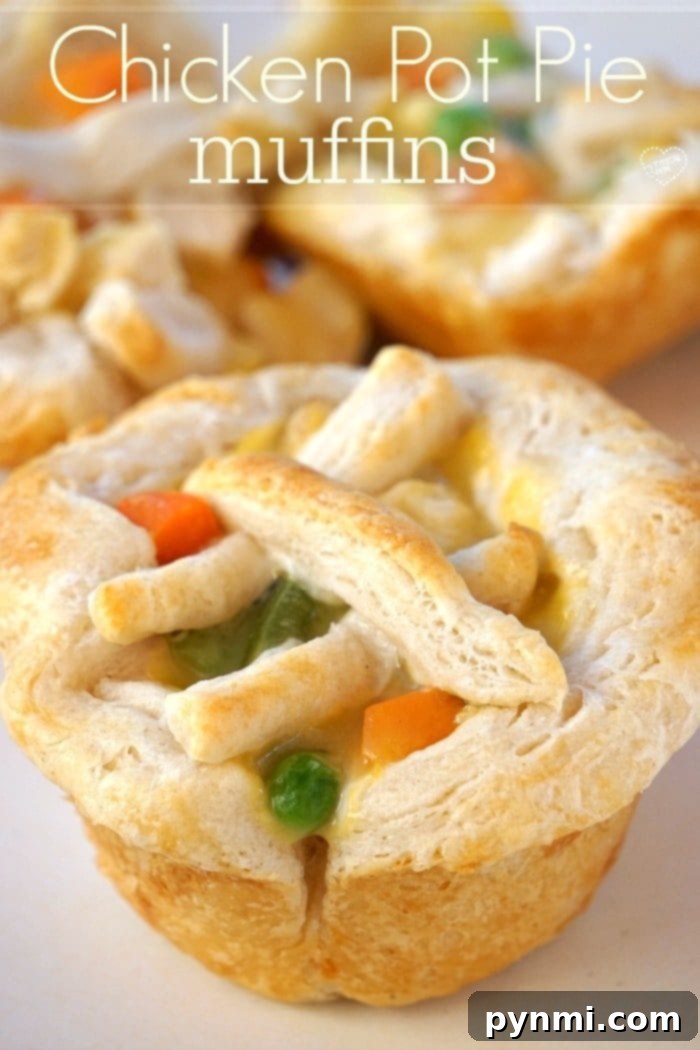 Easy Chicken pot pie muffins are so fun!! Great muffin tin dinner using leftover chicken and they're quick to make. Your kids are going to love these! A plate of freshly baked chicken pot pie muffins, ready to be served, with steam gently rising.