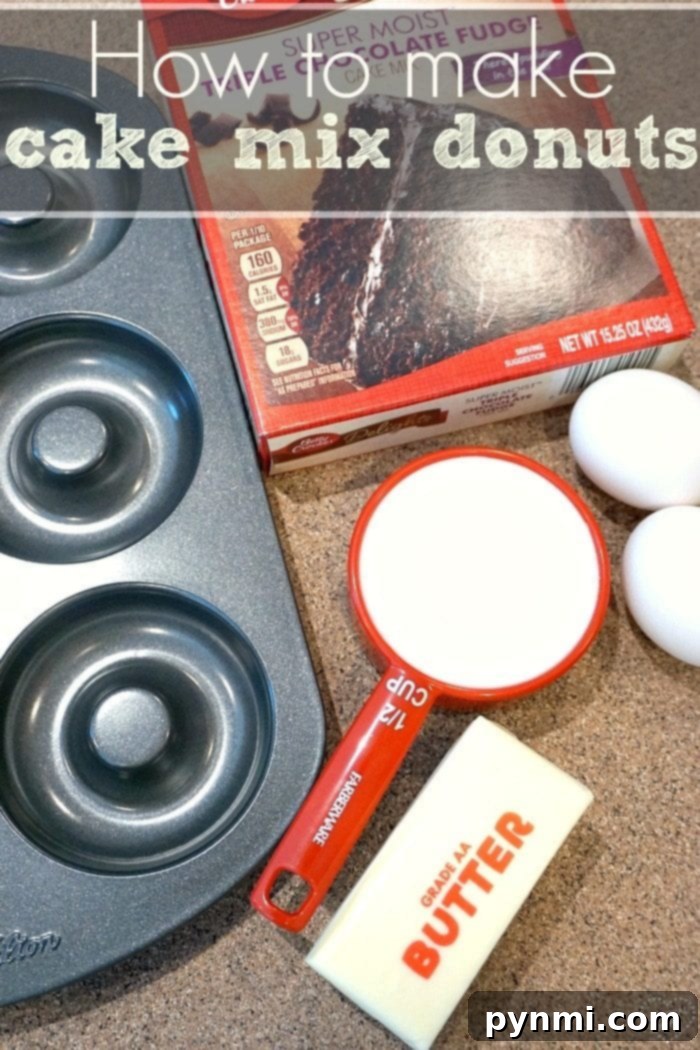 A flat lay showing all the essential ingredients and equipment for baking cake mix donuts: a donut pan, chocolate cake mix, eggs, butter, and buttermilk.