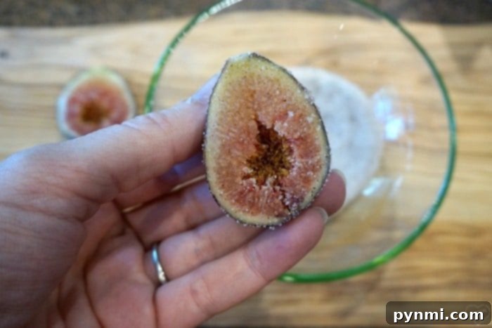 A hand delicately holds a sugared fig half over a bowl on a rustic wooden surface, emphasizing preparation for baking figs