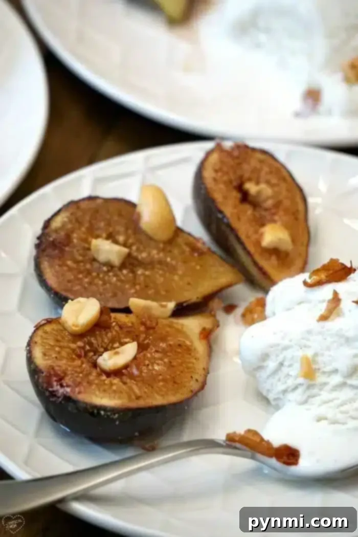 A close-up of beautifully roasted figs, highlighting their caramelized skin and juicy interior
