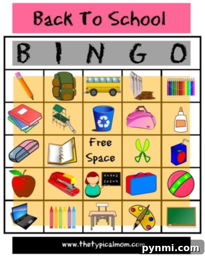 Free Printable Back to School Bingo game to engage students and children at home. An excellent resource for first day activities and general fun. Colorful Back to School Bingo card featuring school-themed images such as pencils, a backpack, a bus, an apple, and a book, perfect for engaging kids.