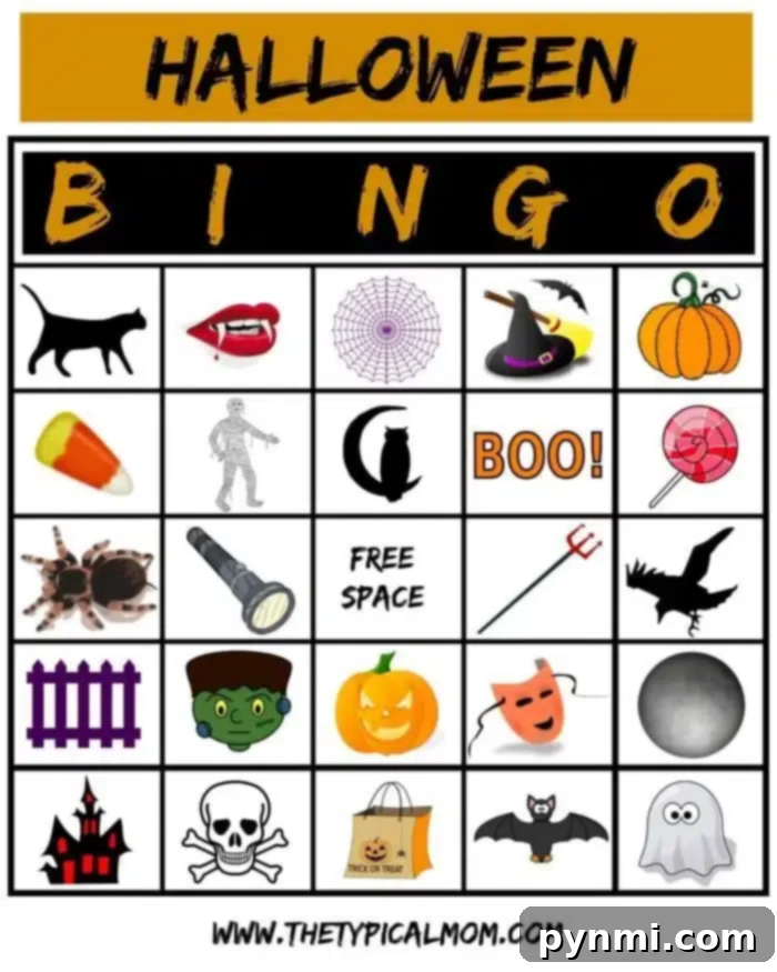 Halloween Bingo card featuring various spooky and fun images like a black cat, candy corn, spider, witch hat, mummy, vampire teeth, pumpkin, ghost, haunted house, skull, lollipop, bat, Frankenstein monster, and a full moon. Get your free printable for endless fun!
