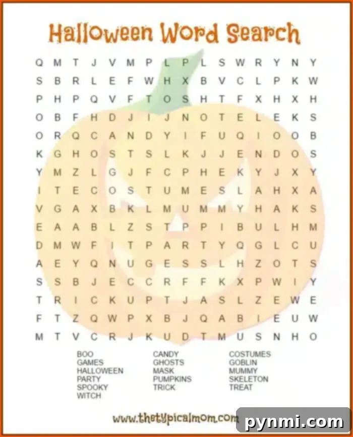 A vibrant Halloween-themed word search puzzle featuring words like BOO, COSTUMES, GHOSTS, and more, set against an orange jack-o'-lantern background. The title 'Halloween Word Search' evokes a fun, festive atmosphere perfect for parties or classrooms.