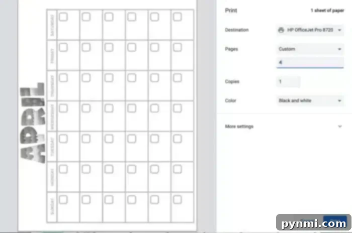 Printable Calendars 3 Detailed view of a blank printable calendar showing specific month selection for printing.