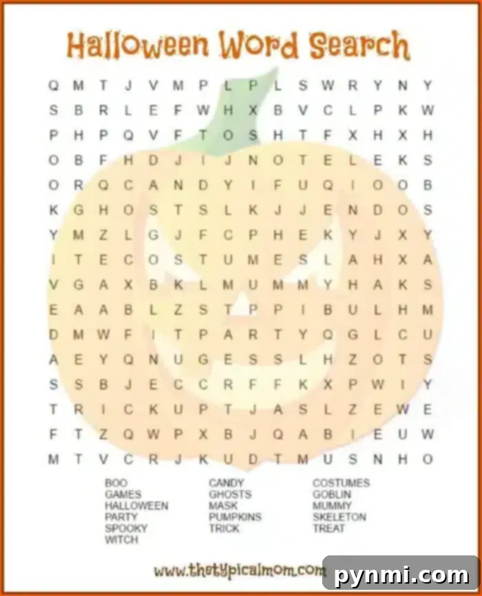 Halloween word search printable pages you can give your kids or students! Lots of other free Halloween printables and party ideas here too. #halloween #wordsearch #printables #kids #ghost #pumpkin A Halloween-themed word search printable showcases a vibrant pumpkin background. Search for words like "BOO," "CANDY," "GHOSTS," and "WITCH" listed at the bottom of the grid to add some festive fun to your spooky celebrations.
