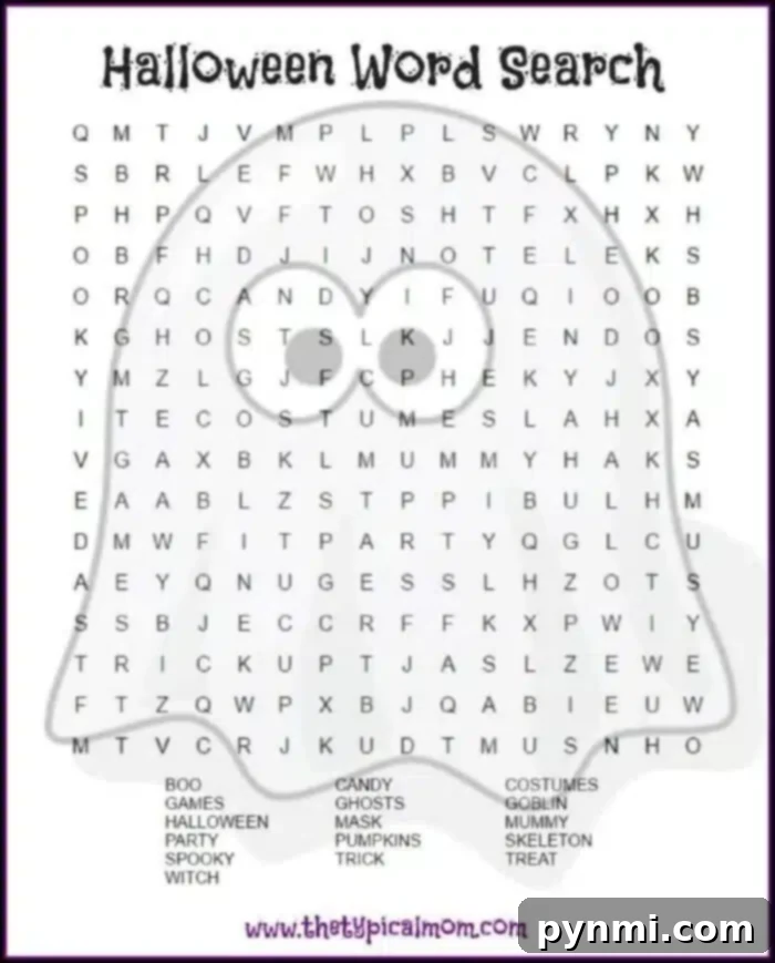 Printable Spooky Word Search 3 Dive into a Halloween-themed word search puzzle printable, skillfully shaped like a ghost. Discover eerie words like "BOO," "CANDY," and "GHOSTS" as you enjoy this spooky pastime. Perfect for fans of "WITCHES," "PUMPKINS," and all things frightful this season!
