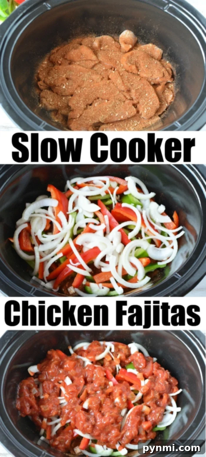 Easy Slow Cooker Chicken Fajitas 3 Close-up of freshly made crockpot chicken fajitas with steam rising, showing the succulent shredded chicken mixed with colorful bell peppers and onions, ready to be served.