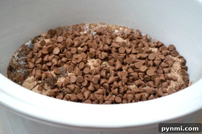 A white crockpot brimming with chocolate chips and cake mix, ready to transform into a delicious crockpot lava cake with cake mix.