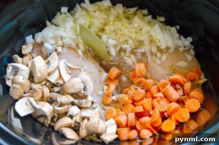 Deliciously rich creamy chicken soup, a perfect slow cooker comfort meal with tender chicken and an abundance of fresh vegetables. A close-up of creamy chicken soup, garnished with fresh parsley and a sprinkle of parmesan cheese, showing its rich texture and colorful vegetables.