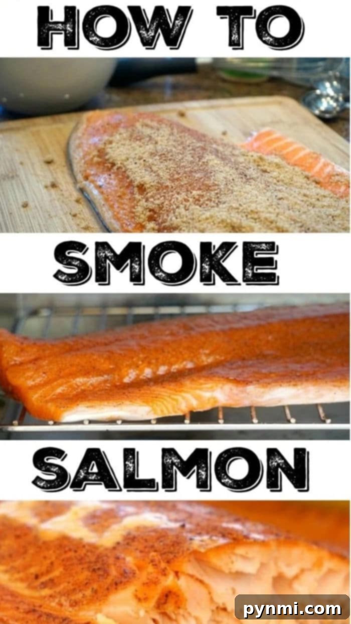 Large smoked salmon fillet resting on a wooden board, ready to be sliced and served.