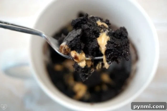 Indulge in this irresistible peanut butter brownie in a mug – a quick, fudgy, and absolutely amazing 1-minute microwave dessert for one. No sharing required! A close-up of a delectable peanut butter brownie in a mug, showcasing its gooey center. This image captures the essence of an easy microwave dessert for one.