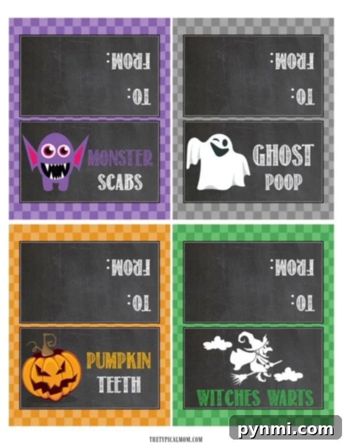 Creative Halloween Goodie Bag Fillers with Spooky Names Assortment of Halloween goodie bags filled with spooky-themed snacks like 'Witches Warts' and 'Monster Scabs'