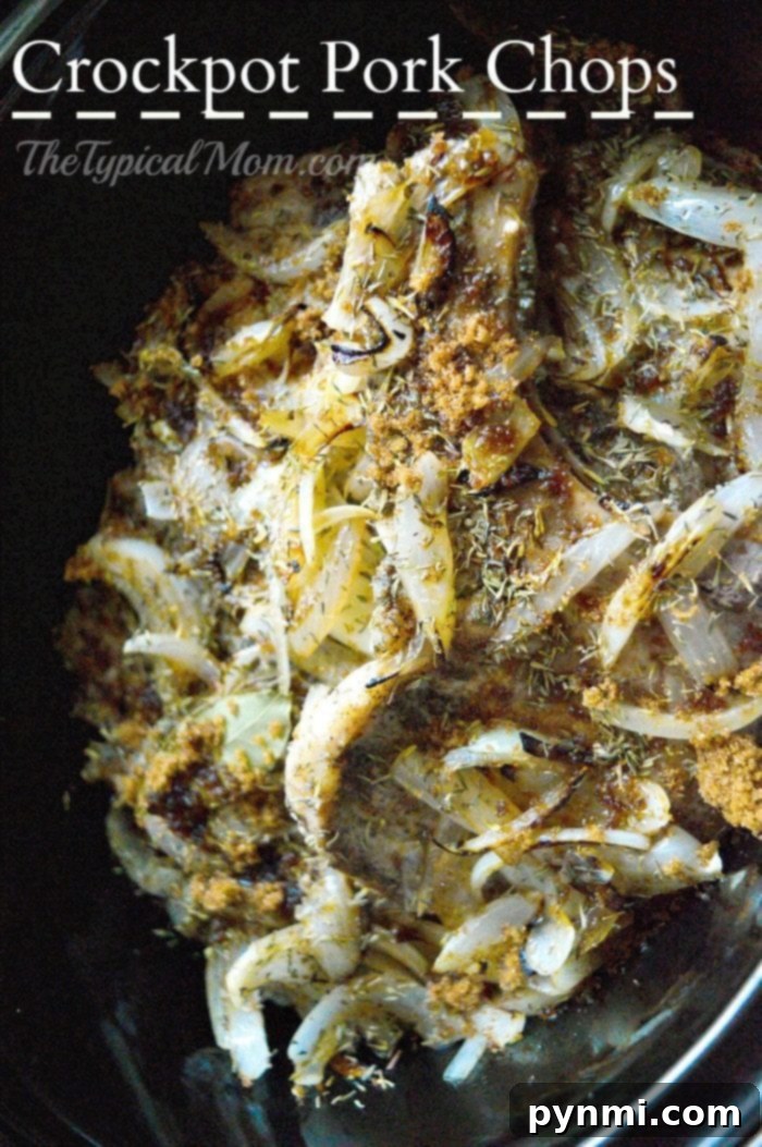 Tender Slow Cooker Pork Chops 4 Close-up of golden-brown slow cooker pork chops nested amongst caramelized apples and onions.