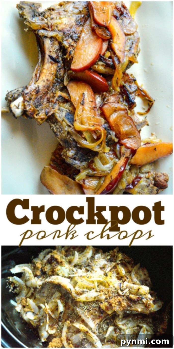 Tender Slow Cooker Pork Chops 5 Two pieces of tender crockpot pork chops on a plate, garnished with fresh thyme.