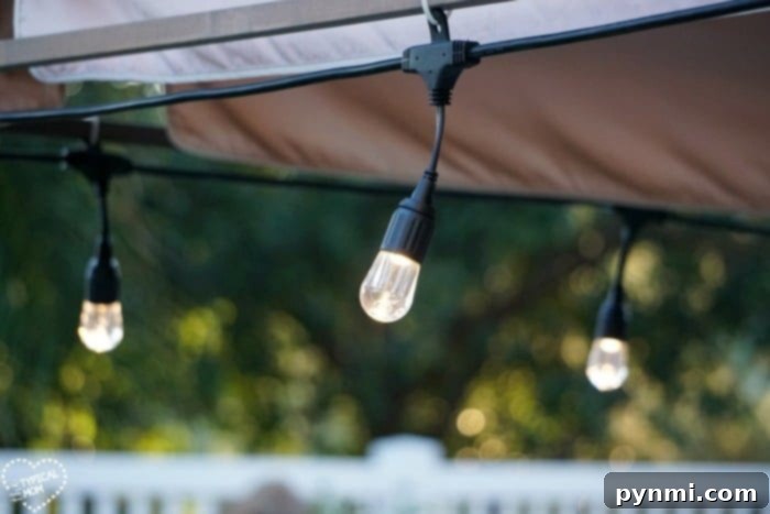 Close-up of Enbrighten Cafe Lights installed outdoors.