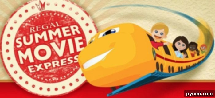 Illustration of a happy yellow train with smiling passengers, next to a red and beige sign that reads Regal Edwards Summer Movie Express, symbolizing family-friendly entertainment.