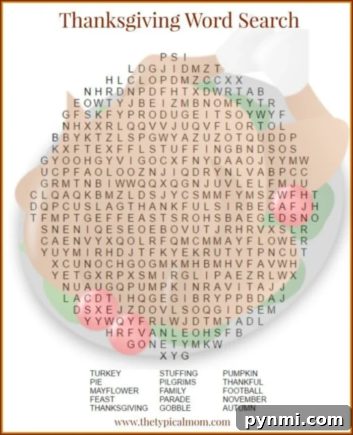 Discover our free Thanksgiving Word Search puzzle for kids! A fun and educational printable activity perfect for holiday gatherings or classroom use. Thanksgiving word search puzzle for kids, featuring autumn leaves and a turkey.