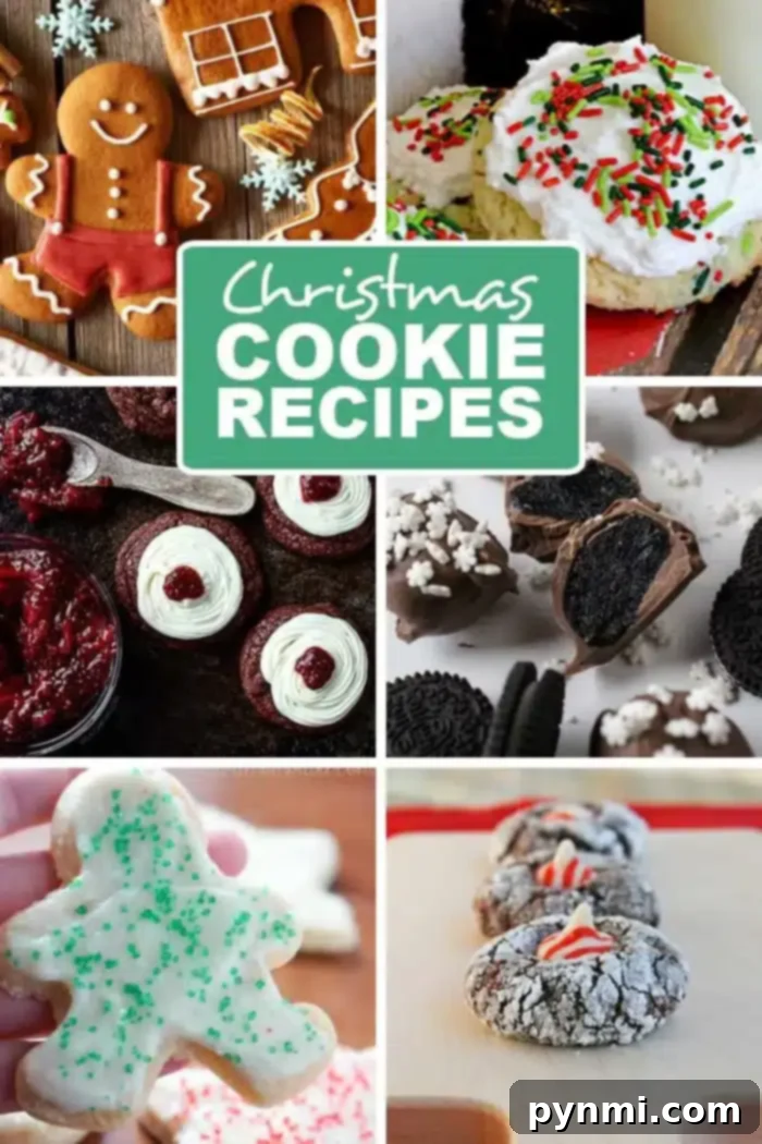 Easy Christmas Cookie Recipes: Festive Treats for the Holidays #christmascookies #christmas #cookies #dessert A vibrant collage of festive Christmas cookies including easy gingerbread men, frosted sugar cookies with sprinkles, cupcakes topped with cherries, chocolate-covered Oreos, a charming tree-shaped cookie, and chocolate crinkle cookies dusted with powdered sugar. The central text highlights 'Easy Christmas Cookie Recipes.'