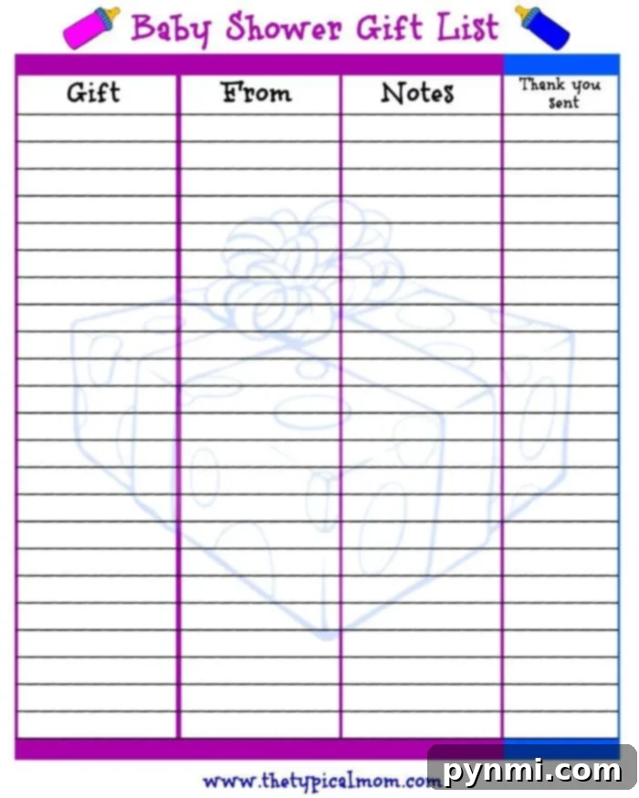 Printable Baby Shower Gift Tracker 2 A beautifully designed free printable baby shower gift tracker