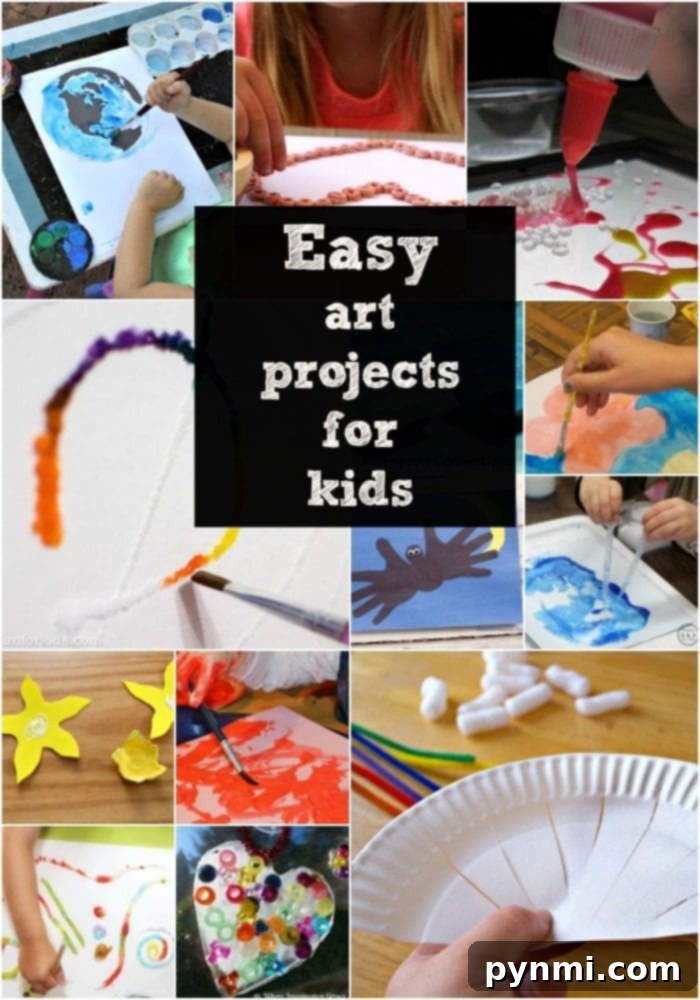 A collection of various easy art and craft ideas for kids, including paper crafts and painting, emphasizing creative play.