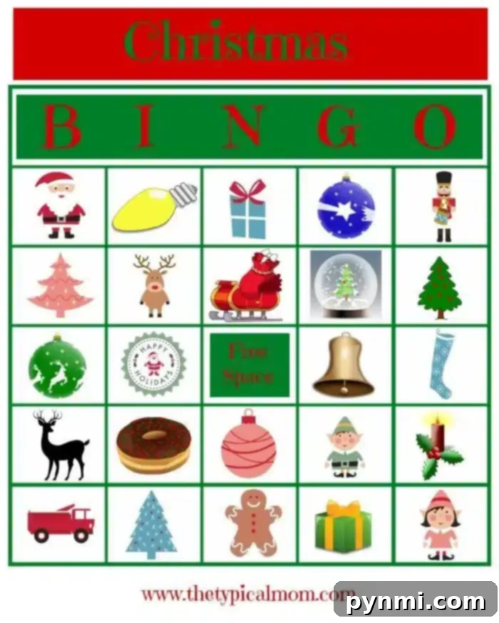Christmas Bingo printable game you can play during the holidays or in the classroom plus tons of other holiday printables too like a word search and more. #christmasbingo #christmas #bingo #printables #free #games A Christmas-themed bingo card with a 5x5 grid containing images such as Santa, a light bulb, gift, ornament, toy soldier, reindeer, sleigh, snow globe, bell, candle, truck, tree, gingerbread man and various other festive icons. This fun and festive christmas bingo printable is perfect for the holidays!