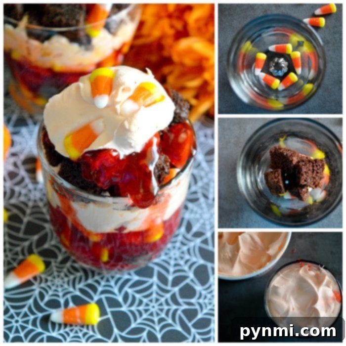 Easy Halloween Trifle recipe for kids: cherry blood, chocolate dirt, and whipped cream layers in individual cups. Individual Halloween Trifle in cups