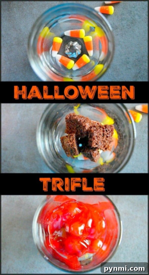 Halloween Trifle: A simple yet spooky dessert loved by kids, featuring cherry 'blood' and chocolatey 'dirt'. Layered Halloween Brownie Trifle
