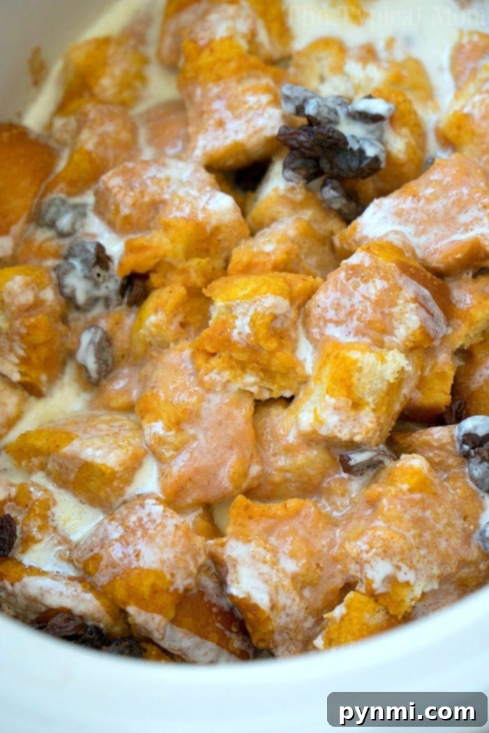 Overnight Crockpot French Toast Delight 3 Close-up of a delectable crockpot raisin bread pudding, showcasing its rich texture and sweet glaze.
